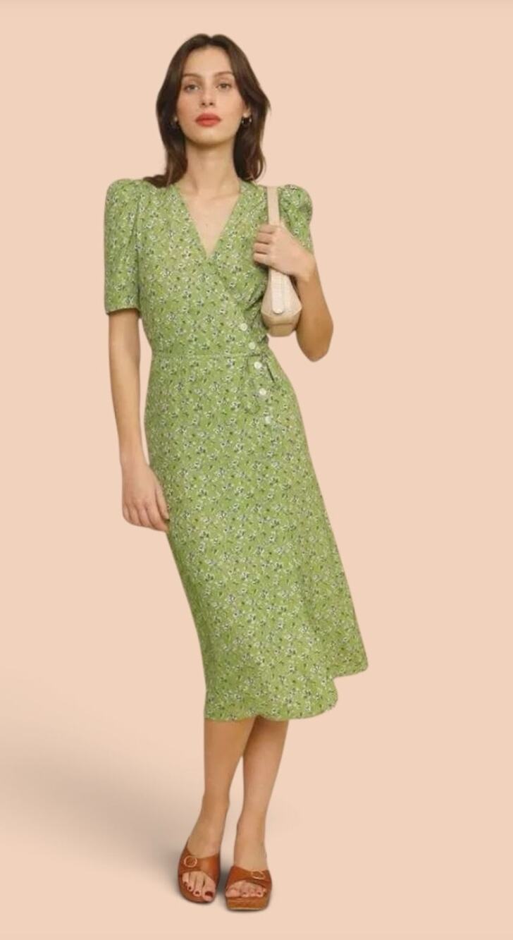 Rouje Paris Gabin Dress in Light Olive Green Floral Print Midi Wrap size EU 36